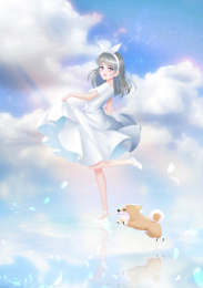 女孩和柴犬在天水之间漫步插图