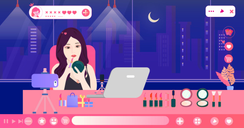 直播间美女网红在都市夜晚直播卖商品插画