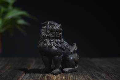 放在桌子上的铁狮子黑背景
