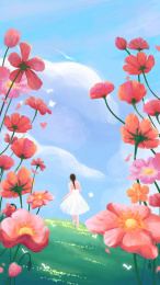 唯美花丛奔跑少女插画