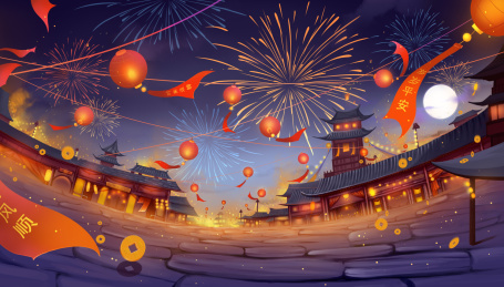 春节夜晚庆典烟花灯笼插画