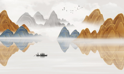 手绘中国风金山银山抽象山水风景画