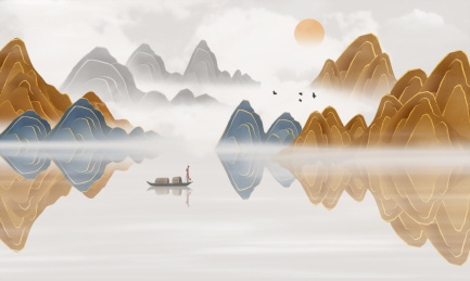 手绘中国风金山银山抽象山水风景画