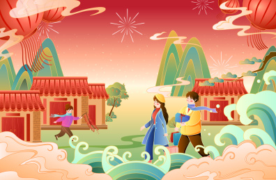回家过年国潮风新年插画