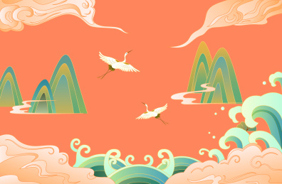 国潮风节日山水云纹仙鹤插画