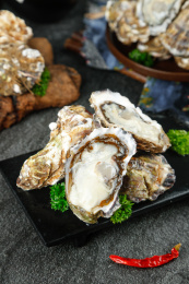 黑石底上放着一堆新鲜生蚝和撬开的海蛎子