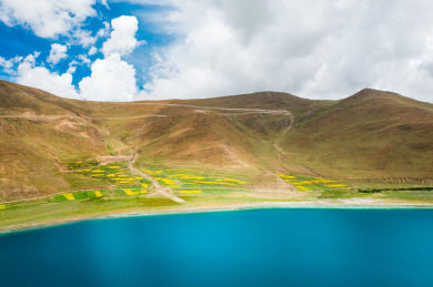 中国西藏山南浪卡子县羊卓雍错自然风景航拍