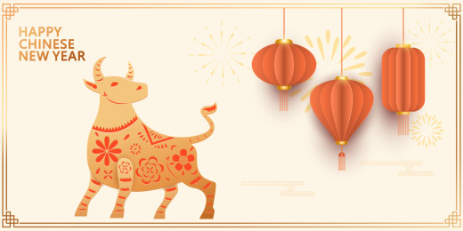 2021牛年，悬挂的红灯笼，中国新年海报