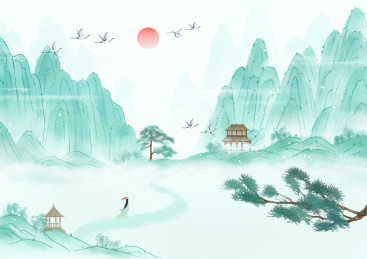 古风水墨山水画松鹤云海