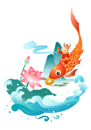 中国风卡通牛骑锦鲤送红包与国风水纹插画