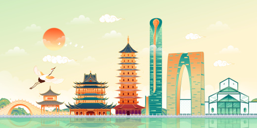 江苏省苏州城市建筑矢量插画