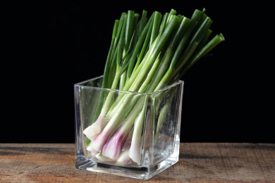 方形玻璃杯里的鲜小葱段