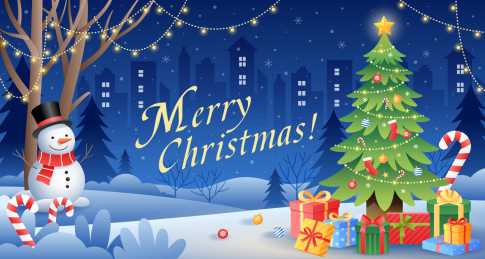 夜晚圣诞树和雪人礼物等插画横版