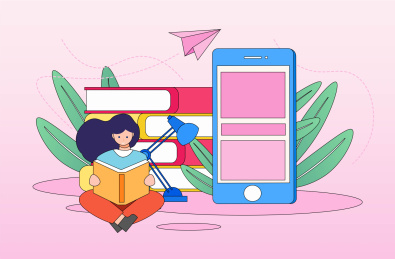 电子读物与学习的女人-带线条