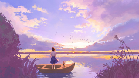 女孩和小猫站在小船上看夕阳紫霞的背影
