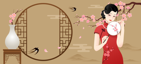 一个拿着扇子的旗袍美女和花窗花瓶等插画横