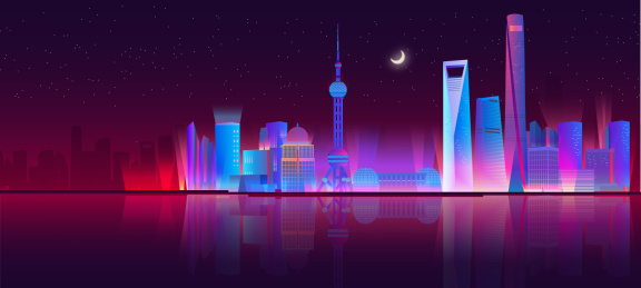 夜晚的上海城市天际线建筑群插画