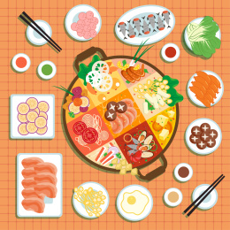 火锅九宫格餐桌聚餐美食锅碗插画