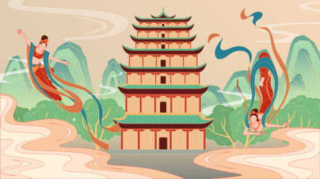 敦煌莫高窟飞天国风插画
