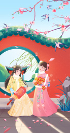 恭贺新春女孩新年祝福手绘插画