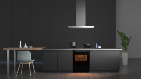 科技家居黑色橱柜烟机灶具烤箱高端厨房3D