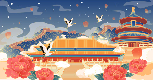 北京故宫长城天坛国风国潮插画