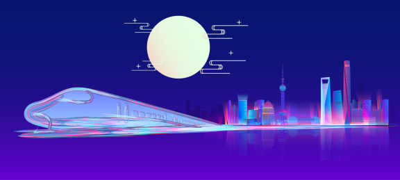 行驶中的高铁列车经过上海站城市的插画