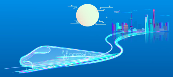 行驶中的高铁列车经过上海站城市的插画