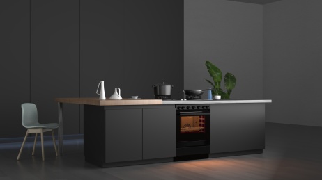 科技家居黑色橱柜地板灶具烤箱高端厨房3D