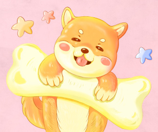 可爱的抱着骨头的宠物狗