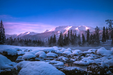 冬季的中国新疆喀纳斯河晨雾