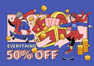 促销插画红包金币宝箱和男孩女孩