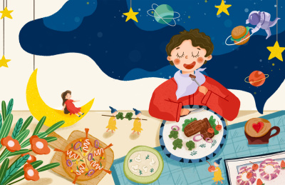 小男孩吃牛排西餐