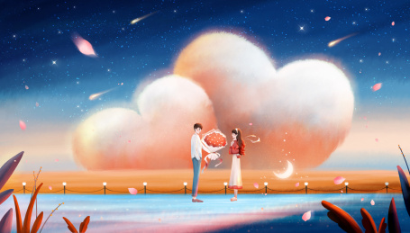 送花的情侣 唯美情人节插画 