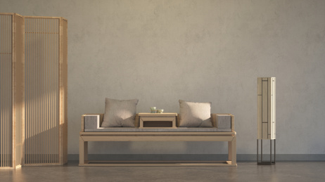 3d渲染新中式家居罗汉榻和屏风家居装修图