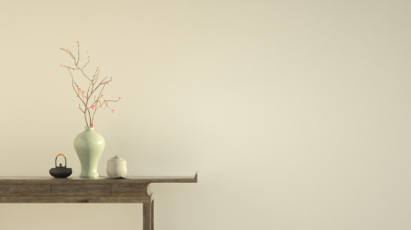 3d渲染新中式条案和陶瓷花瓶家居装修图