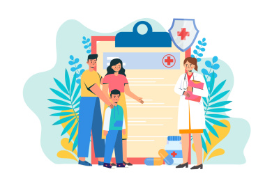 家长带孩子挂号就诊概念插画