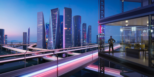 商人站在办公室瞭望城市美景。3d 渲染