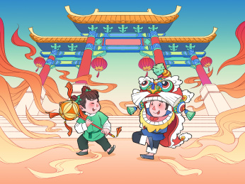 牌坊门前喜气洋洋的舞狮在庆祝春节