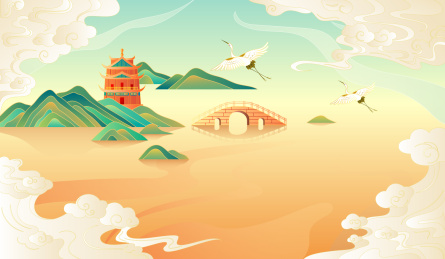 国潮风山水江南风景插画