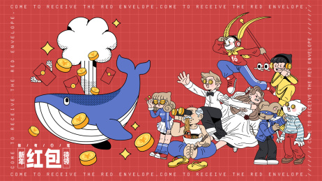 喷出红包和金币的鲸鱼和一群人