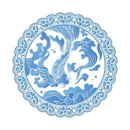 中国风蓝色圆形鲤鱼海水图案