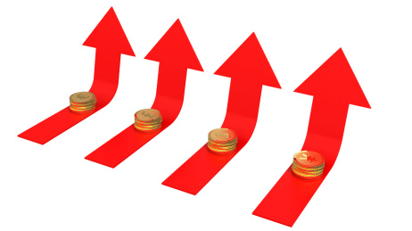 带箭头的货币金币向上趋势升值方向