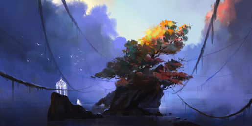 潭底的仙境，数码插图。
