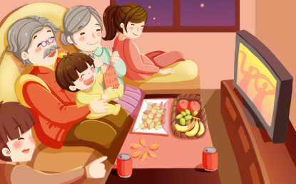 春节一家人看春晚原创插画海报