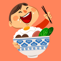 快乐好胃口小男孩用筷子吃一大碗米饭