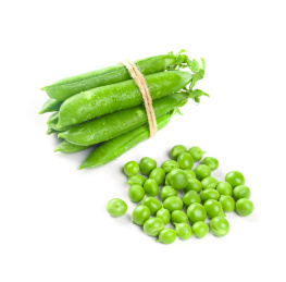 白底上放着一捆青豆荚和一堆豌豆米粒