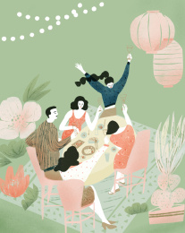 户外围坐聚会庆祝的年轻人插画