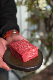 手拿一盘肉砖牛上脑摆盘