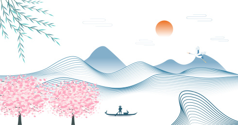 新中式国潮创意水墨山水矢量画蓝色